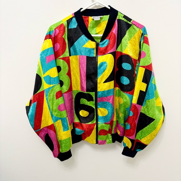 Vintage Jackets & Blazers - Vintage Color Block Number Print Bomber Jacket Neon Rainbow Satin Small Paragon